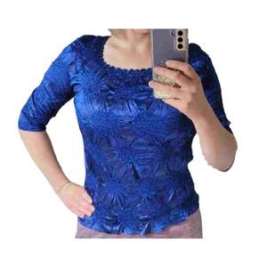 Vintage Pleat Top Pleats Please Y2K Blue Satin Micro Print TShirt Crinkle Textur